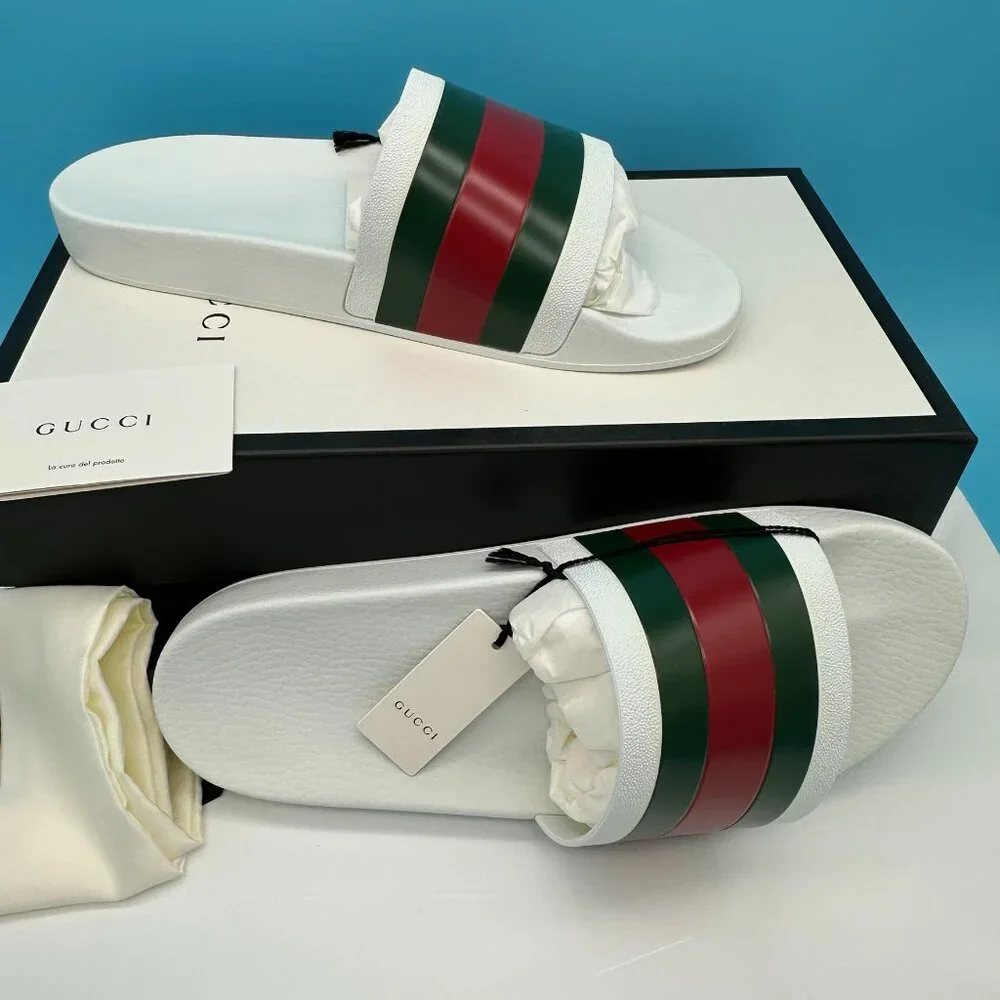 Gucci Men's Pursuit Pool Rubber Slides Sandal, Size‎ 7G/US 7.5, White/Red/Green
